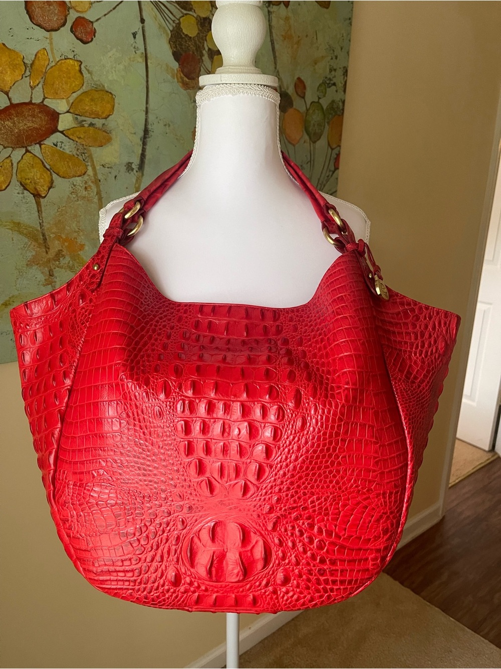Brahmin Red Croc-Embossed Shoulder Bag with Gold Hardware